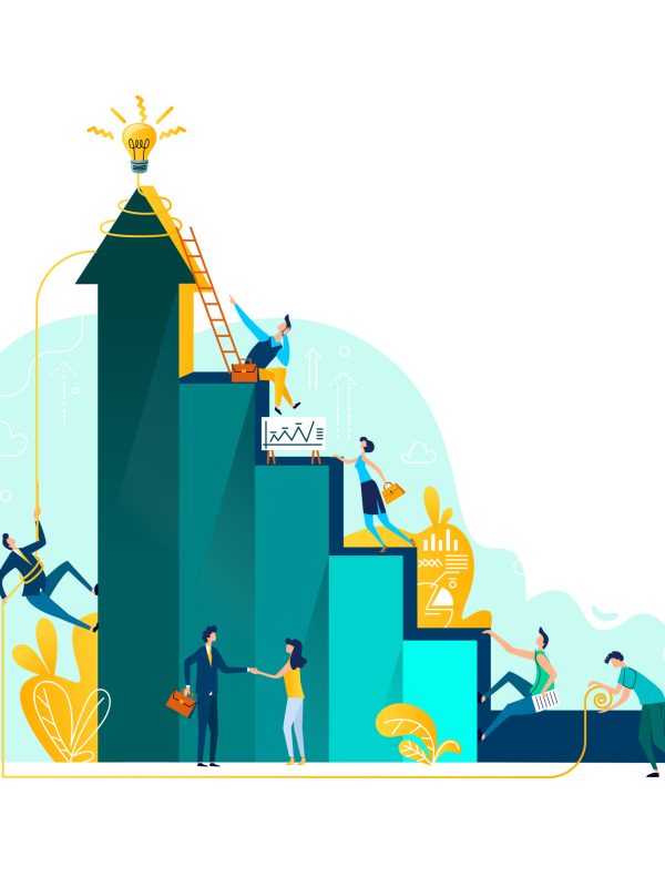 Goal achievement and teamwork business concept, career growth and cooperation for development of project, idea vector flat cartoon illustration. Ladder of success and climbing people, company staff