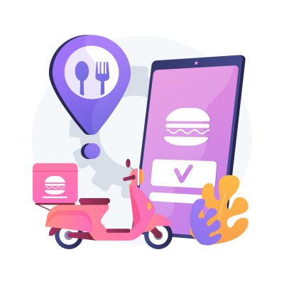 Food delivery service abstract concept vector illustration. Online food order, 24 for 7 service, pizza and sushi online menu, payment options, no-contact delivery, download app abstract metaphor.
