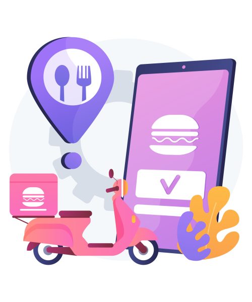 Food delivery service abstract concept vector illustration. Online food order, 24 for 7 service, pizza and sushi online menu, payment options, no-contact delivery, download app abstract metaphor.